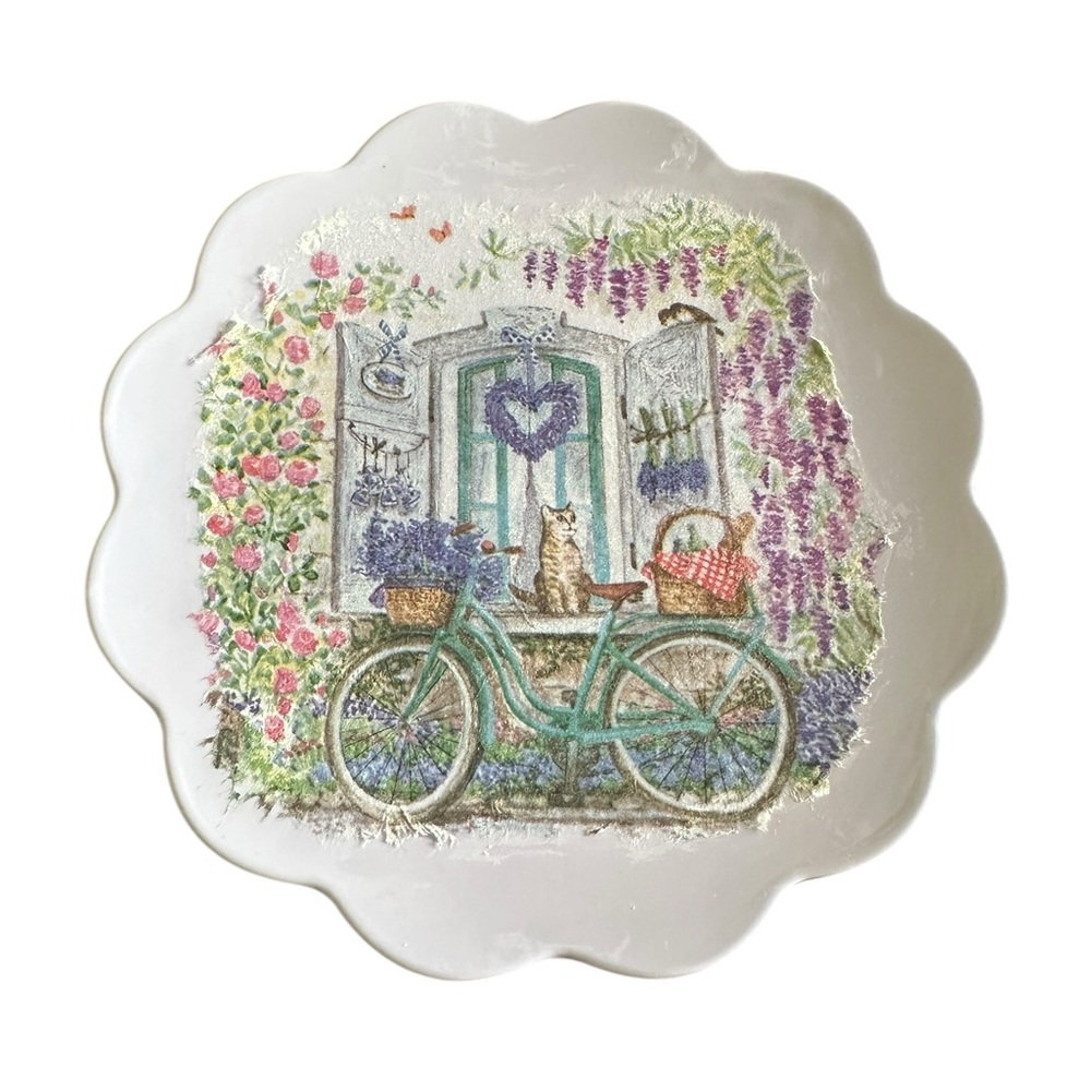 Handcrafted Whimsical Cat and Bicycle Decorative Plate